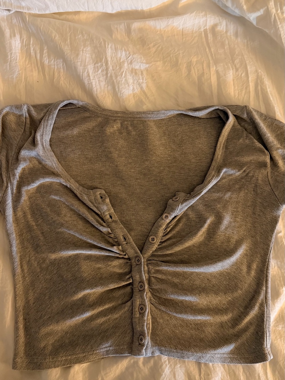 Cider Gray Ruched Button-Front Crop Top